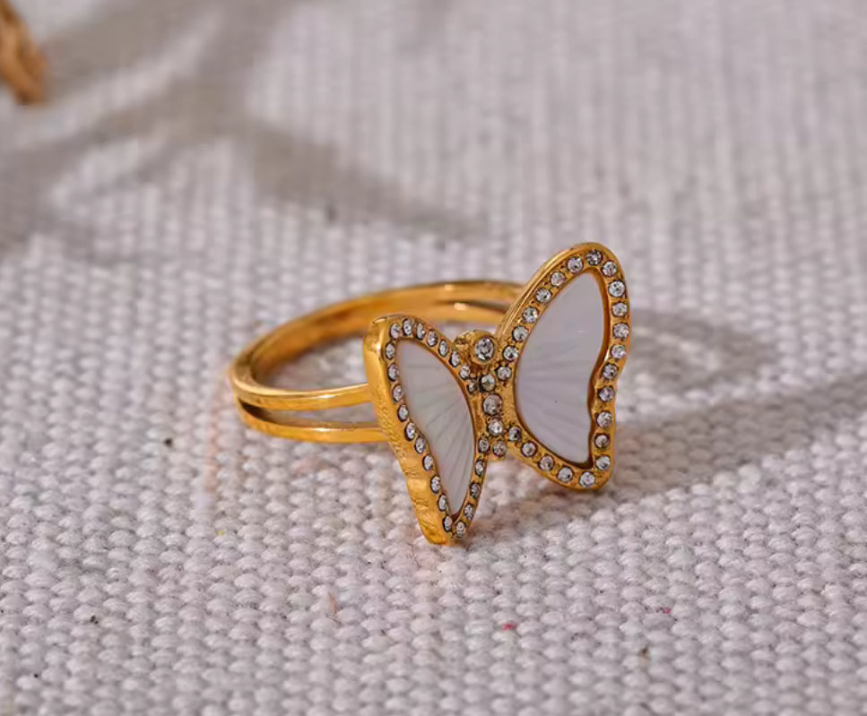 AISANG Natural Shell Butterfly Cubic Zirconia Stainless Steel Open Ring