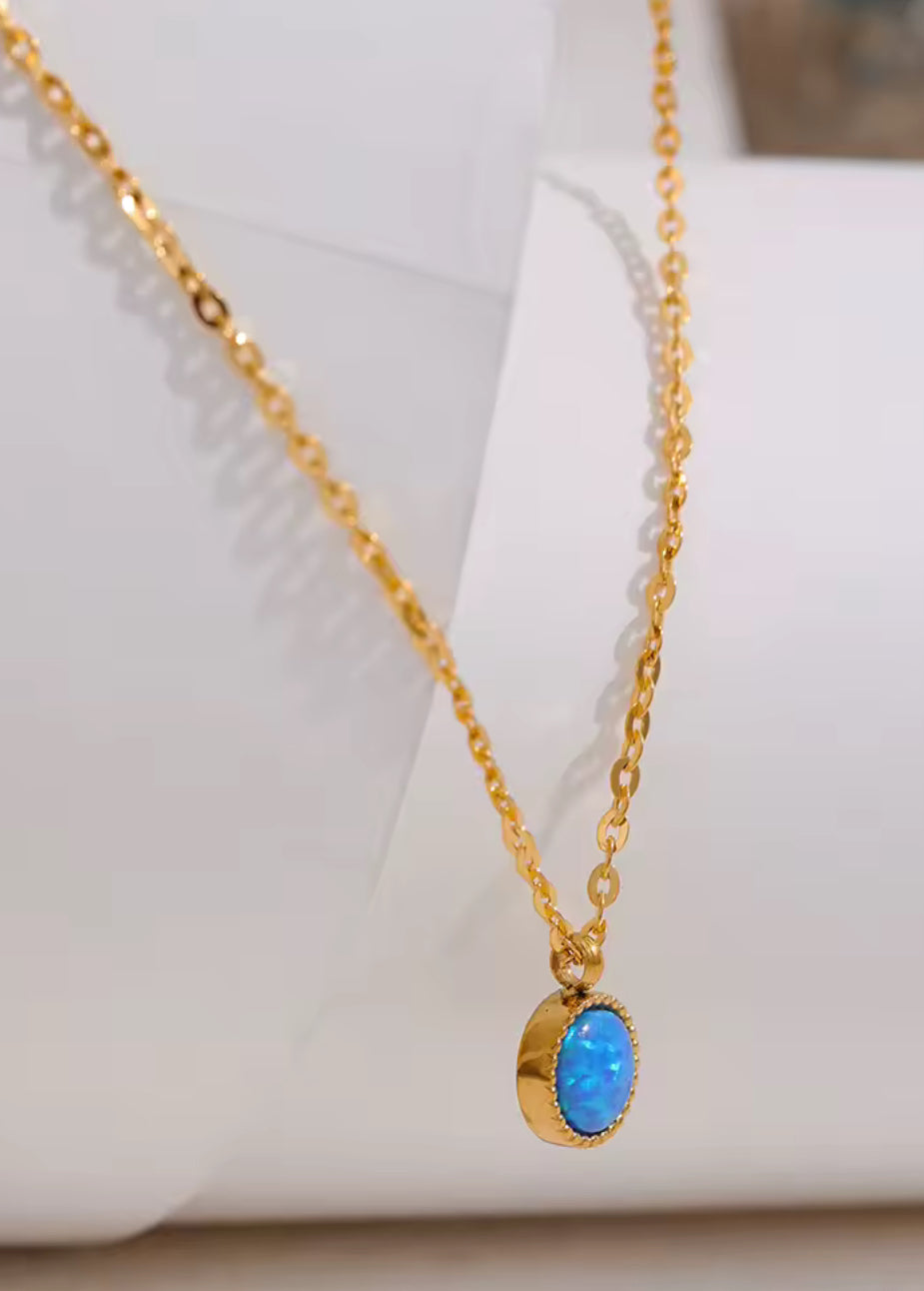 AISANG Blue Opal Natural Stone Small Pendant Stainless Steel Waterproof Necklace Jewelry for Women