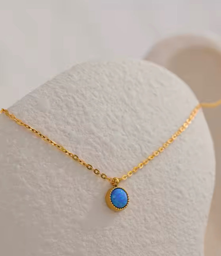 AISANG Blue Opal Natural Stone Small Pendant Stainless Steel Waterproof Necklace Jewelry for Women